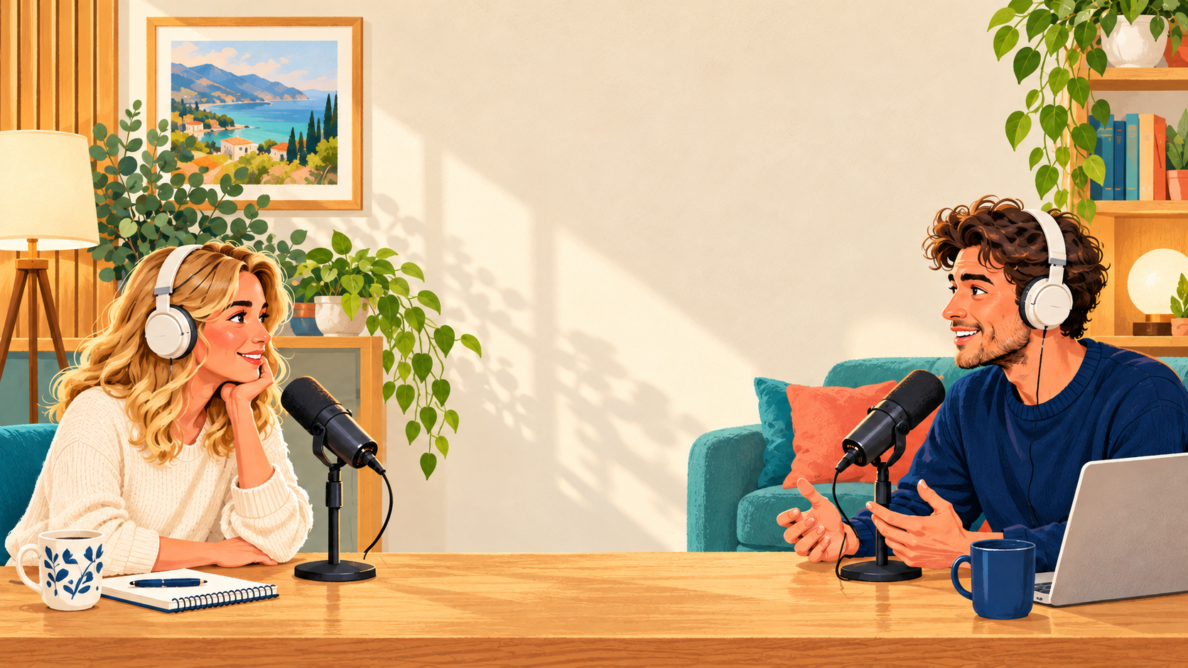 Two illustrated podcast hosts wearing headphones and speaking into microphones