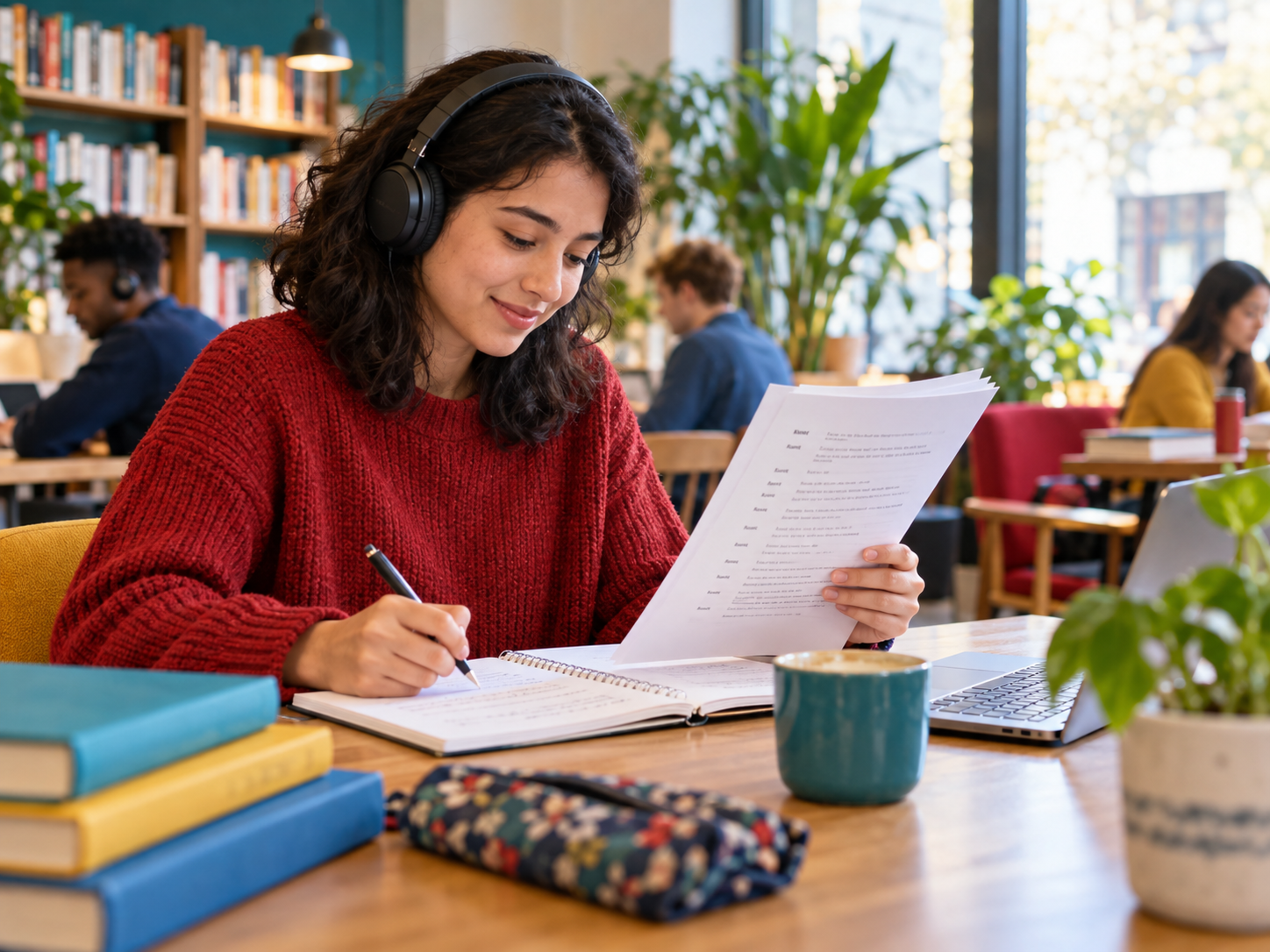 An English learner reading a transcript and taking notes while listening